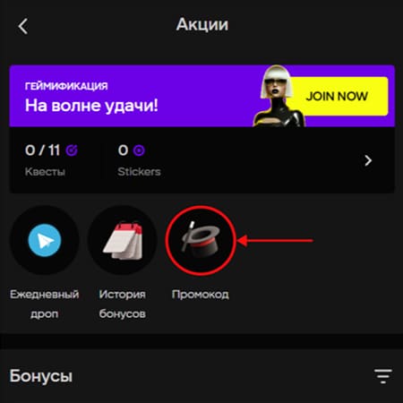 Промокод, использованный в разделе бонусов
